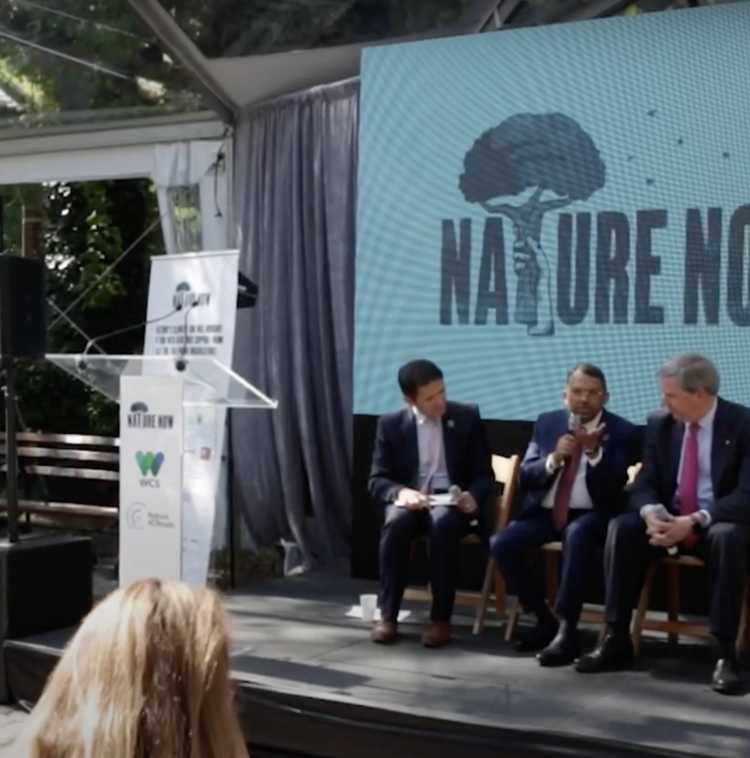 Five people sitting on stage at nature event: four men and a woman, surrounded by trees and greenery.