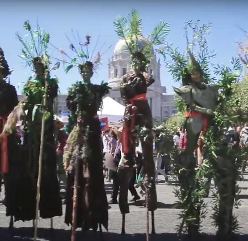 People dressed in green outfits, accessorized with plants, gathered for a nature-themed event.
