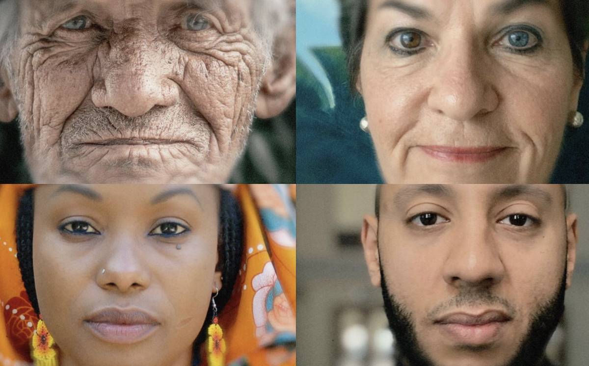 A collage featuring four diverse faces of individuals, showcasing a variety of expressions and backgrounds.