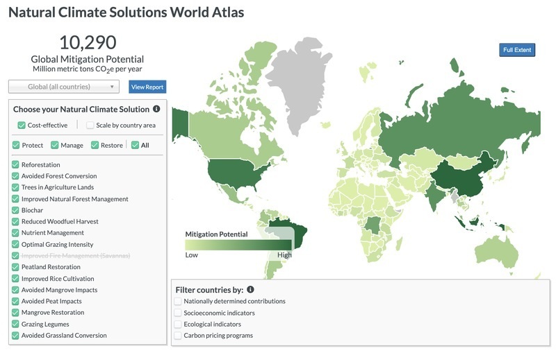 A map displaying countries utilizing natural climate solutions to combat environmental challenges.