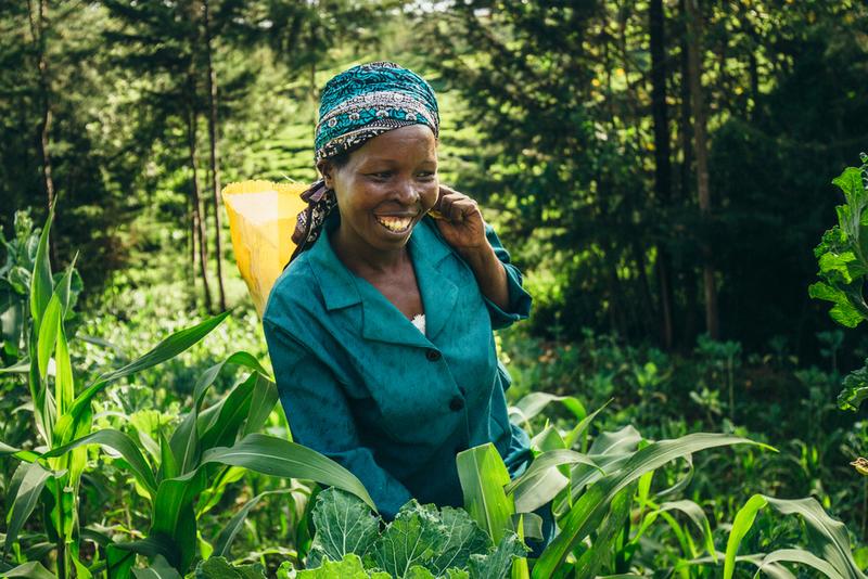 A woman in a green shirt and blue hat smiles in a field, framed by tall grass and a clear blue sky.