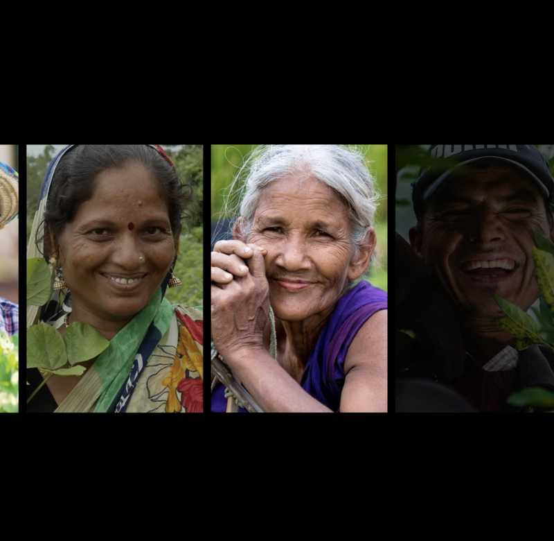 with big smiles, each holding a plant, supporting nature conservation.