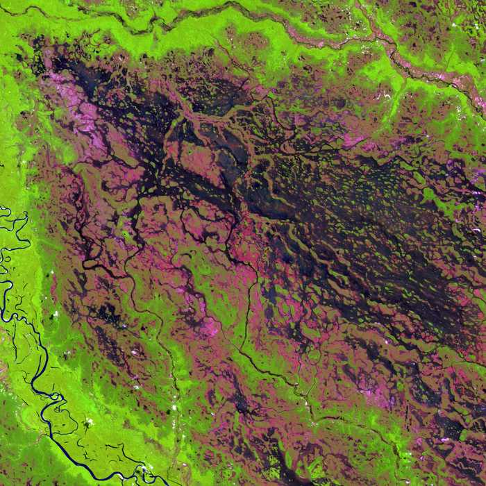 Satellite imagery reveals the river's route and the surrounding environment, providing a comprehensive overview of the area.