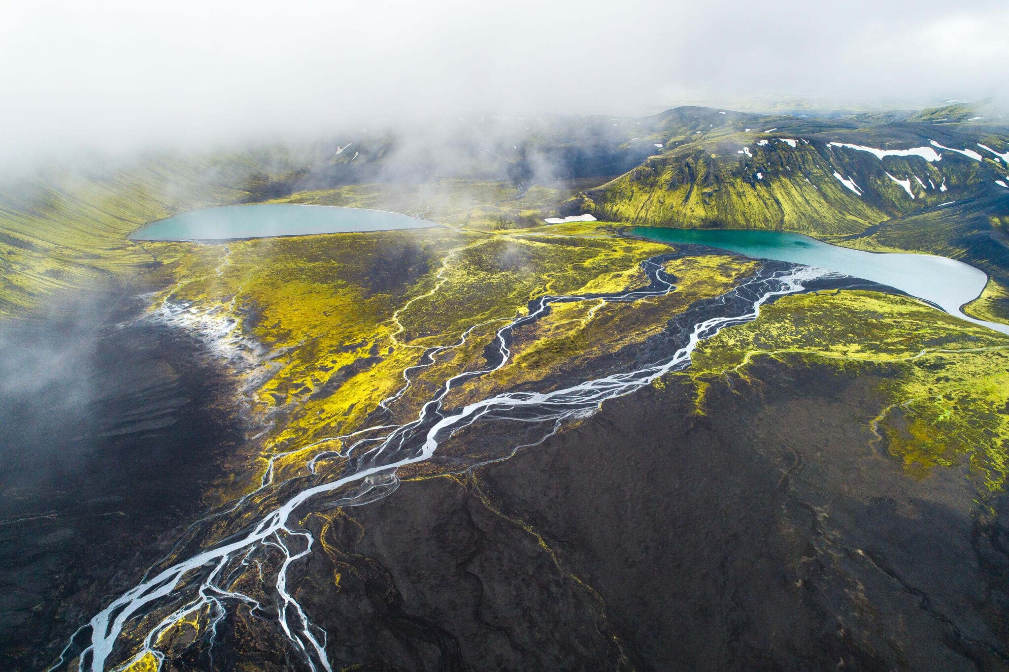 Aerial view of the highland in Iceland during summer.
